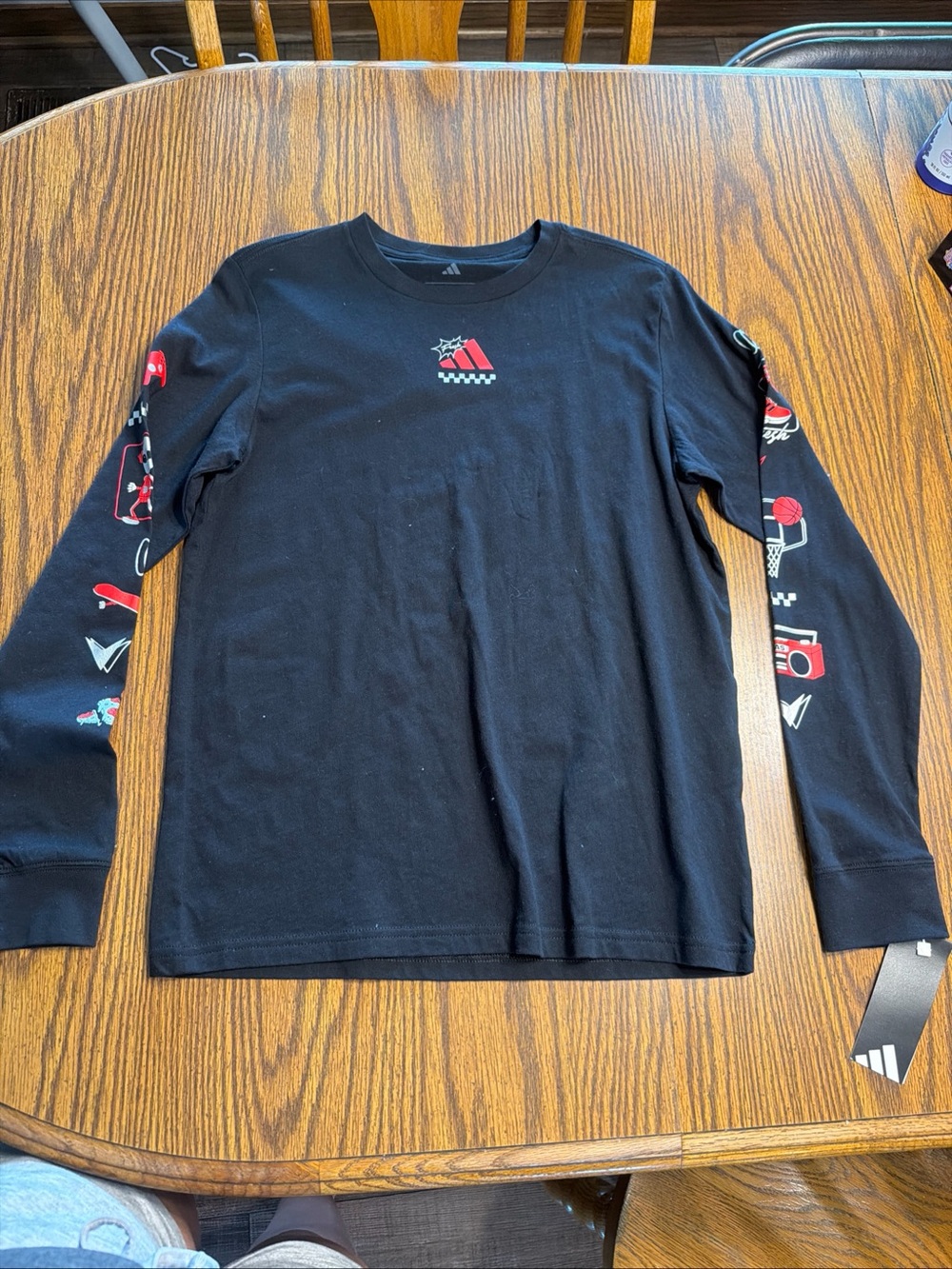 adidas Black Long-Sleeve Graphic Tee with Red & White Accents